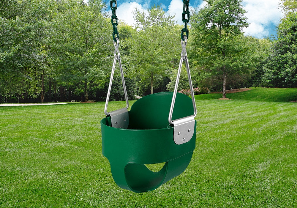 Angled lifestyle shot of the green bucket style swing for infants by Gorilla Playsets.